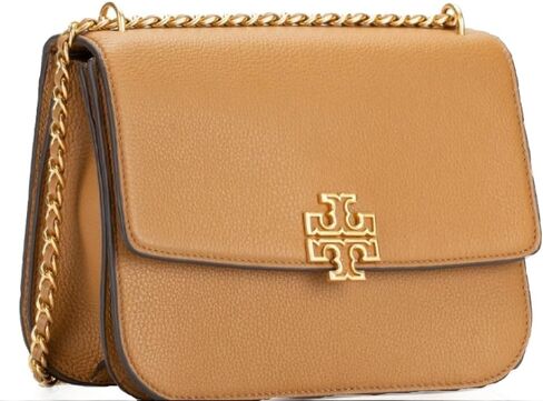 حقيبة كتف نسائية من Tory Burch 138724 Britten Tiramisu Tan مع أجزاء ذهبية من الجلد قابلة للتعديل in Kuwait