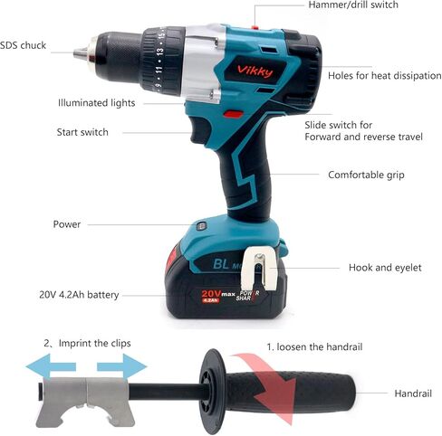 توفر المطرقة/المثقاب/المحرك اللاسلكي 20 فولت من Vikky 3 اختلافات في السرعة، مدعومة بمحرك بدون فرش ولقمة مثقاب مثبتة في مكانها بواسطة ظرف سقاطة عالي التحمل مقاس 1/2 بوصة in Kuwait