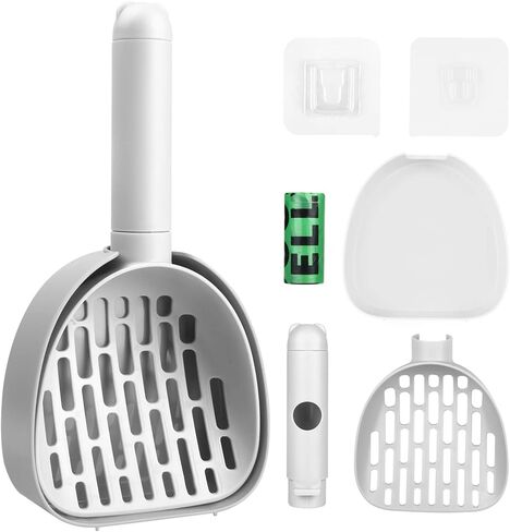 مغرفة فضلات القطط متعددة الوظائف، مجرفة متينة لفضلات القطط قابلة للفصل مع حامل وحاوية نفايات، مجرفة محمولة معلقة لفضلات القطط العميقة (أبيض) in Kuwait