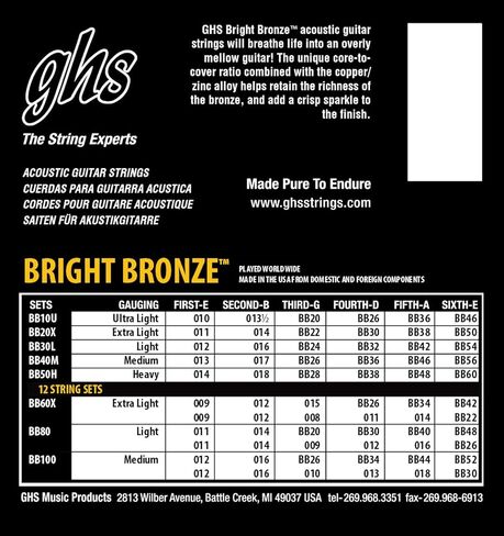 سلاسل GHS BB40M برونزية ساطعة، 80/20 من سبائك النحاس والزنك، أوتار جيتار صوتي، متوسط ​​(.013-.056) in Kuwait