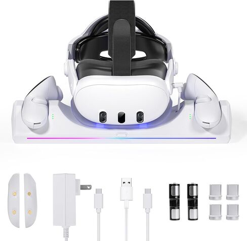 قاعدة شحن Kuject RGB لـ Quest 3، محطة شحن سريعة 30 وات مع مؤشر LED لسماعات الرأس وأجهزة التحكم في الواقع الافتراضي، وملحقات حامل شحن مغناطيسي مع بطاريات قابلة لإعادة الشحن وشاحن USB-C in Kuwait