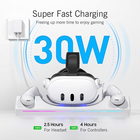 قاعدة شحن Kuject RGB لـ Quest 3، محطة شحن سريعة 30 وات مع مؤشر LED لسماعات الرأس وأجهزة التحكم في الواقع الافتراضي، وملحقات حامل شحن مغناطيسي مع بطاريات قابلة لإعادة الشحن وشاحن USB-C in Kuwait