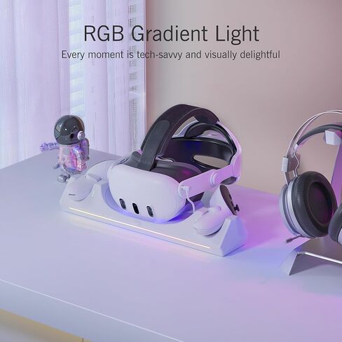 قاعدة شحن Kuject RGB لـ Quest 3، محطة شحن سريعة 30 وات مع مؤشر LED لسماعات الرأس وأجهزة التحكم في الواقع الافتراضي، وملحقات حامل شحن مغناطيسي مع بطاريات قابلة لإعادة الشحن وشاحن USB-C in Kuwait
