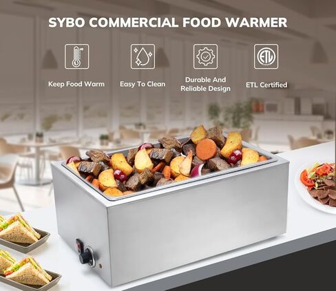 طاولة بخار لتسخين الطعام من الفولاذ المقاوم للصدأ من الدرجة التجارية SYBO من الفولاذ المقاوم للصدأ Bain Marie لتقديم الطعام والمطاعم، جيدة لخوادم البوفيه وتدفئة الحفلات، 3 أقسام مع صنبور، فضي in Kuwait