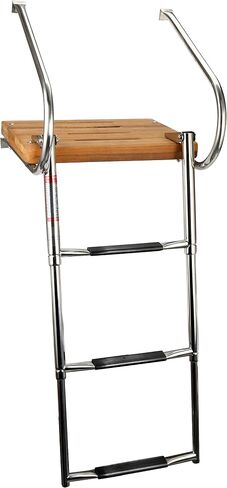 Amarine Made Boat in-Board Swim Teak Platform with 3-Steps Stainless Ladder with 2 Rails,18" W x 14" L in Saudi Arabia