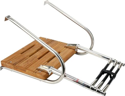 Amarine Made Boat in-Board Swim Teak Platform with 3-Steps Stainless Ladder with 2 Rails,18" W x 14" L in Saudi Arabia