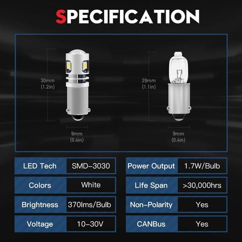 VEHICODE H6W 64132 BAX9S LED لمبة 6000K بيضاء CANBus خالية من الأخطاء 64132LL Longlife Mini Lamp Parking DRL عكس النسخ الاحتياطي الداخلي خريطة ضوء لسيارات BMW (2 حزمة) in Kuwait