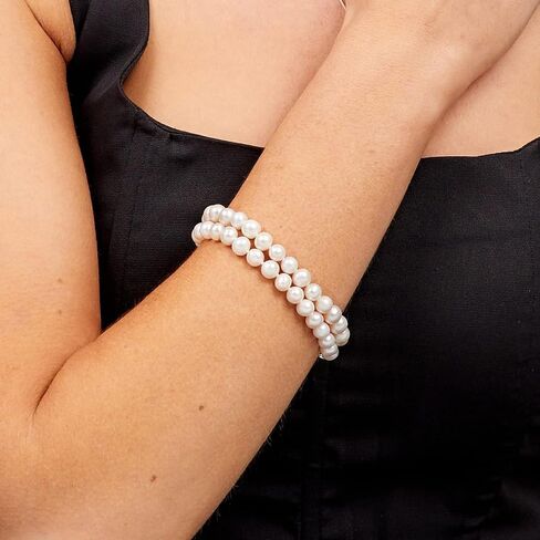 سوار اللؤلؤ للنساء من VN Jewelry | سوار من اللؤلؤ الأبيض عالي الجودة مزين بالمياه العذبة مكون من صفين للنساء والفتيات in Saudi Arabia