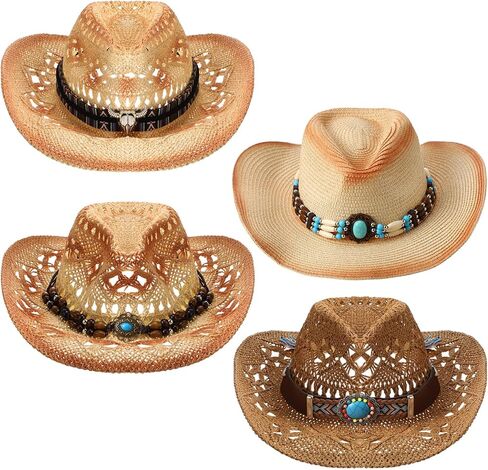 Foaincore 4 Pcs Straw Cowgirl Cowboy Hats Cowgirl Sun Hat for Women Wide Brim Beach Men's Women's Vintage Western Hats with Adjustable Band for Men Hiking Festival Rodeo Party Horseback Riding in Saudi Arabia