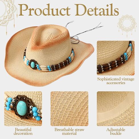 Foaincore 4 Pcs Straw Cowgirl Cowboy Hats Cowgirl Sun Hat for Women Wide Brim Beach Men's Women's Vintage Western Hats with Adjustable Band for Men Hiking Festival Rodeo Party Horseback Riding in Saudi Arabia