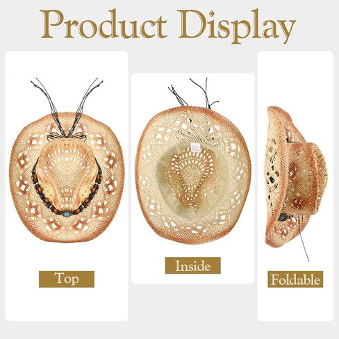 Foaincore 4 Pcs Straw Cowgirl Cowboy Hats Cowgirl Sun Hat for Women Wide Brim Beach Men's Women's Vintage Western Hats with Adjustable Band for Men Hiking Festival Rodeo Party Horseback Riding in Saudi Arabia