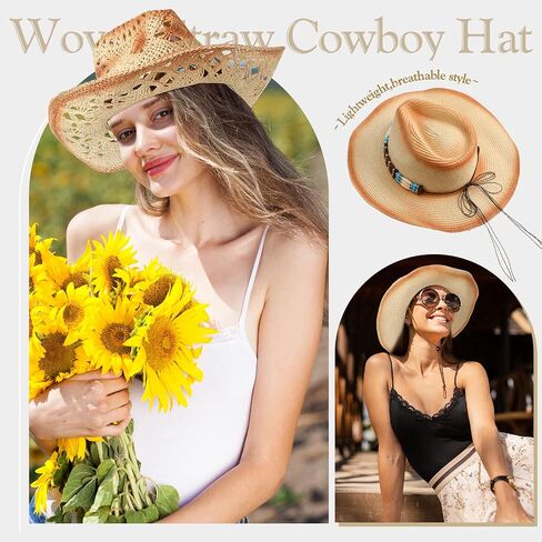 Foaincore 4 Pcs Straw Cowgirl Cowboy Hats Cowgirl Sun Hat for Women Wide Brim Beach Men's Women's Vintage Western Hats with Adjustable Band for Men Hiking Festival Rodeo Party Horseback Riding in Saudi Arabia