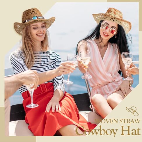 Foaincore 4 Pcs Straw Cowgirl Cowboy Hats Cowgirl Sun Hat for Women Wide Brim Beach Men's Women's Vintage Western Hats with Adjustable Band for Men Hiking Festival Rodeo Party Horseback Riding in Saudi Arabia