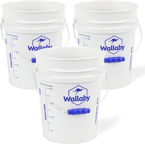 دلو Wallaby سعة 5 جالون - أسطوانة بلاستيكية متينة صالحة للطعام - مع مقبض مريح سهل الإمساك بانتظار الحصول على براءة اختراع وخطوط قياس - سطل قابل للتكديس لجميع الأغراض سعة 90 مل، قابل لإعادة الاستخدام، خالي من مادة BPA (أبيض، 3 عبوات) in Kuwait