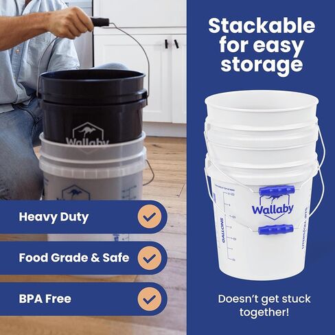 دلو Wallaby سعة 5 جالون - أسطوانة بلاستيكية متينة صالحة للطعام - مع مقبض مريح سهل الإمساك بانتظار الحصول على براءة اختراع وخطوط قياس - سطل قابل للتكديس لجميع الأغراض سعة 90 مل، قابل لإعادة الاستخدام، خالي من مادة BPA (أبيض، 3 عبوات) in Kuwait