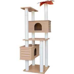 64 Inches Tall Outdoor Weatherproof Multi-Level Cat Tree, Two Cat Condo with PVC Board and Cat Scratching Posts, for Outside and Indoor Cat Houses in Kuwait