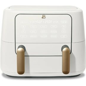 مقلاة هوائية جميلة 9QT TriZone، باللون الأبيض من درو باريمور - طهي مزدوج ومفرد، مزامنة الطبخ والتشطيب، 6 إعدادات مسبقة، حجم عائلي، تصميم أنيق غير لامع، آمنة للاستخدام في غسالة الأطباق in Kuwait