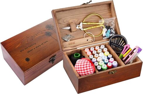 Sewing Kit, Wooden Sewing Kit Box for Adults, Wooden Sewing Basket with Accessories, Home Sewing Basket Stitching Repair Kit for Beginner, Women, Men,Vintage Embroidery Scissors Kit (Retro Brown) in Saudi Arabia