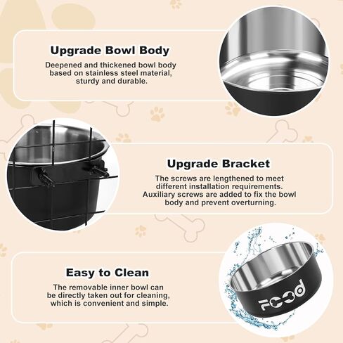 وعاء ماء في قفص مانع للتسرب للكلاب الكبيرة، أوعية للكلاب من الفولاذ المقاوم للصدأ قابلة للإزالة للطعام والماء، بيت للكلب معلق لتغذية الطعام الرطب والجاف للحيوانات الأليفة المتوسطة/الكبيرة، (7.1 بوصة × 2.6 بوصة و6.3 بوصة × 2.6 بوصة، أسود) in Kuwait