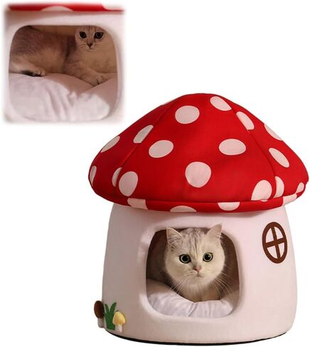Cute Cat Bed Cave for Indoor Highland Mushroom Shaped Pet Plush House Self-Warming Nest Small Dogs Rabbits with Removable Cushion for Puppy Bed with Hanging Toy (Red Mushroom) in Saudi Arabia