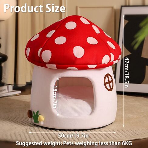 Cute Cat Bed Cave for Indoor Highland Mushroom Shaped Pet Plush House Self-Warming Nest Small Dogs Rabbits with Removable Cushion for Puppy Bed with Hanging Toy (Red Mushroom) in Saudi Arabia