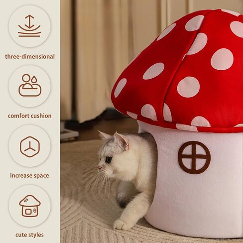 Cute Cat Bed Cave for Indoor Highland Mushroom Shaped Pet Plush House Self-Warming Nest Small Dogs Rabbits with Removable Cushion for Puppy Bed with Hanging Toy (Red Mushroom) in Saudi Arabia