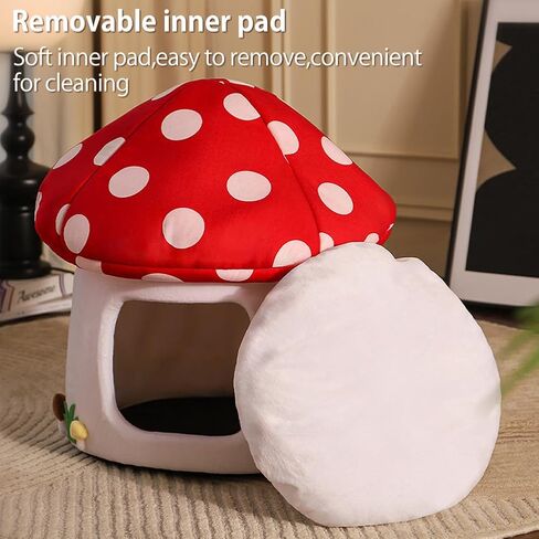 Cute Cat Bed Cave for Indoor Highland Mushroom Shaped Pet Plush House Self-Warming Nest Small Dogs Rabbits with Removable Cushion for Puppy Bed with Hanging Toy (Red Mushroom) in Saudi Arabia