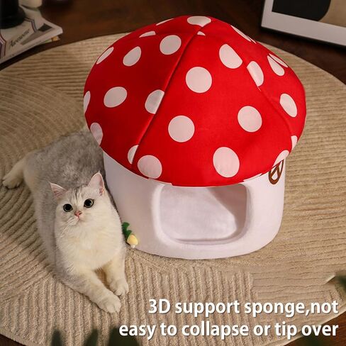 Cute Cat Bed Cave for Indoor Highland Mushroom Shaped Pet Plush House Self-Warming Nest Small Dogs Rabbits with Removable Cushion for Puppy Bed with Hanging Toy (Red Mushroom) in Saudi Arabia