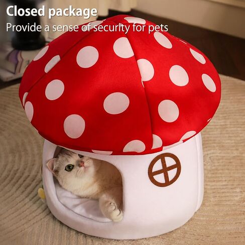 Cute Cat Bed Cave for Indoor Highland Mushroom Shaped Pet Plush House Self-Warming Nest Small Dogs Rabbits with Removable Cushion for Puppy Bed with Hanging Toy (Red Mushroom) in Saudi Arabia