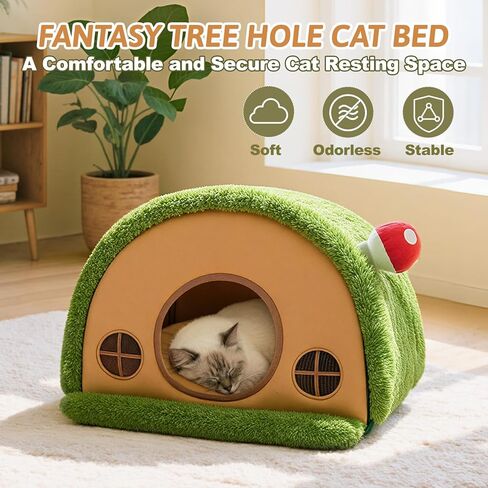 Cat Bed for Indoor Cats - Cute Cat Bed Cave, Tree Hole Cat House Tent for Kittens and Small Pets with Removable Washable Cushion & Anti-Slip Bottom, Foldable Kitten Bed Hideaway, Green in Kuwait