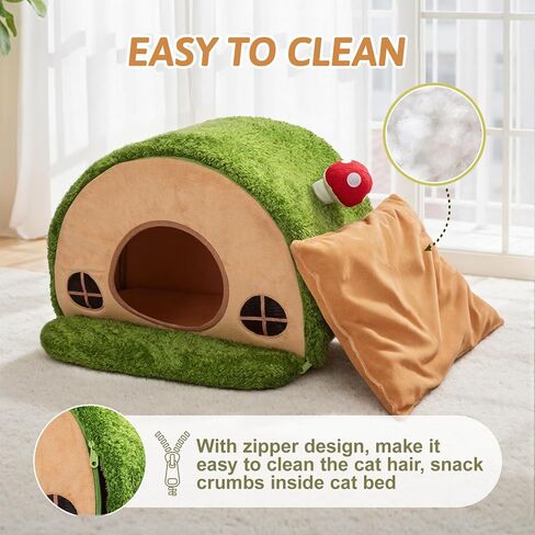 Cat Bed for Indoor Cats - Cute Cat Bed Cave, Tree Hole Cat House Tent for Kittens and Small Pets with Removable Washable Cushion & Anti-Slip Bottom, Foldable Kitten Bed Hideaway, Green in Kuwait