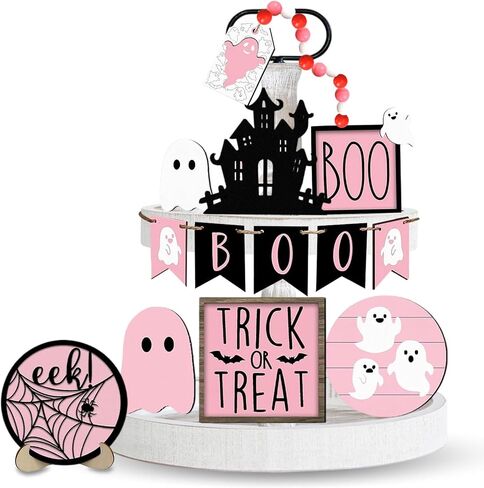 Halloween Tiered Tray Decor Set - 15PCS Pink Halloween Decor, Halloween Wooden Ghost Signs Rustic Farmhouse Tiered Tray Decorations for Indoor Home Table Party Supplies in Saudi Arabia
