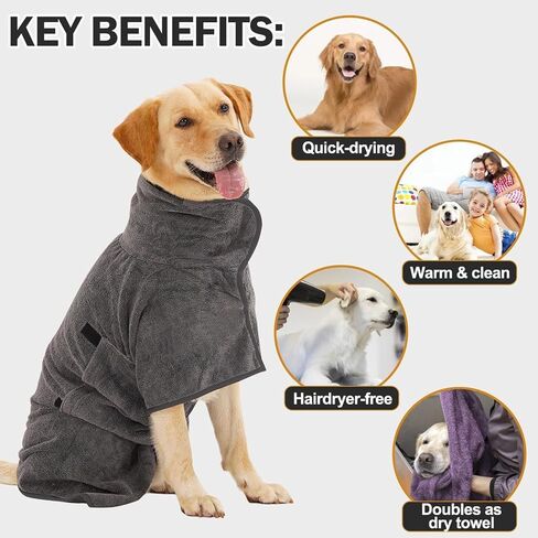 Dog Bathrobe, Quick Drying Super Absorbent Dog Robes for After Bath, Warm Keeping Dogs Towel, Dogs Bath Supplies, Comfortable Soft Drying Coat (Large, Grey) in Saudi Arabia