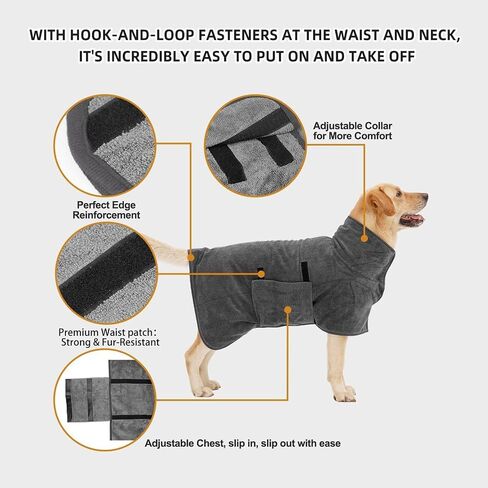 Dog Bathrobe, Quick Drying Super Absorbent Dog Robes for After Bath, Warm Keeping Dogs Towel, Dogs Bath Supplies, Comfortable Soft Drying Coat (Large, Grey) in Saudi Arabia