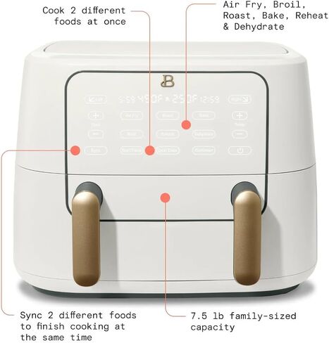 مقلاة هوائية جميلة 9QT TriZone، باللون الأبيض من درو باريمور - طهي مزدوج ومفرد، مزامنة الطبخ والتشطيب، 6 إعدادات مسبقة، حجم عائلي، تصميم أنيق غير لامع، آمنة للاستخدام في غسالة الأطباق in Kuwait