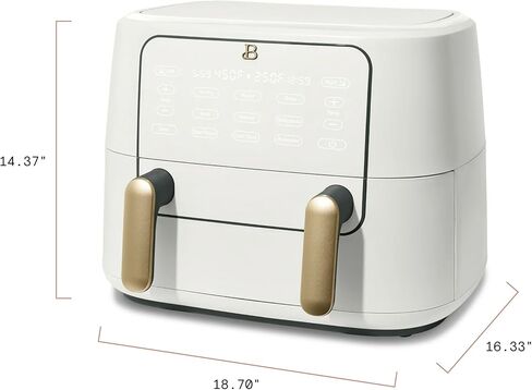 مقلاة هوائية جميلة 9QT TriZone، باللون الأبيض من درو باريمور - طهي مزدوج ومفرد، مزامنة الطبخ والتشطيب، 6 إعدادات مسبقة، حجم عائلي، تصميم أنيق غير لامع، آمنة للاستخدام في غسالة الأطباق in Kuwait