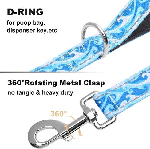 Reflective 6ft Dog Leash with Two Padded Handles, Heavy Duty Strong Nylon Pet Leash with Soft Neoprene Handle for Small Medium Large Dogs, Blue White Waves in Saudi Arabia