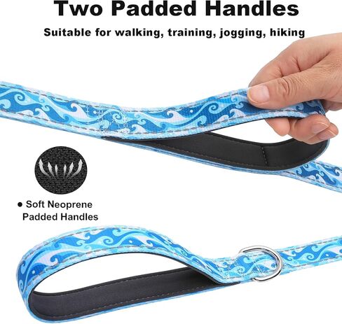 Reflective 6ft Dog Leash with Two Padded Handles, Heavy Duty Strong Nylon Pet Leash with Soft Neoprene Handle for Small Medium Large Dogs, Blue White Waves in Saudi Arabia