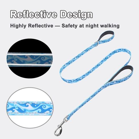 Reflective 6ft Dog Leash with Two Padded Handles, Heavy Duty Strong Nylon Pet Leash with Soft Neoprene Handle for Small Medium Large Dogs, Blue White Waves in Saudi Arabia