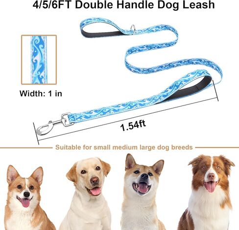 Reflective 6ft Dog Leash with Two Padded Handles, Heavy Duty Strong Nylon Pet Leash with Soft Neoprene Handle for Small Medium Large Dogs, Blue White Waves in Saudi Arabia