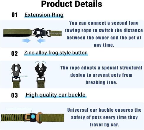2PCS Tactical Dog Leash Heavy Duty, 20-25Inch Bungee Dog Leash, Training Walking Bungee Lead with Heavy Duty Frog Clip Car Seatbelt for Medium Large Dogs Training Walking (Black, Green) in Saudi Arabia