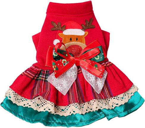 ANIAC Christmas Small Dog Dress Sweater Reindeer Pet Costume Winter Girl Puppy Clothes with Bow Holiday Cat Apparel Christmas Dog Outfit Warm Pet Clothing (Red, Small) in Saudi Arabia