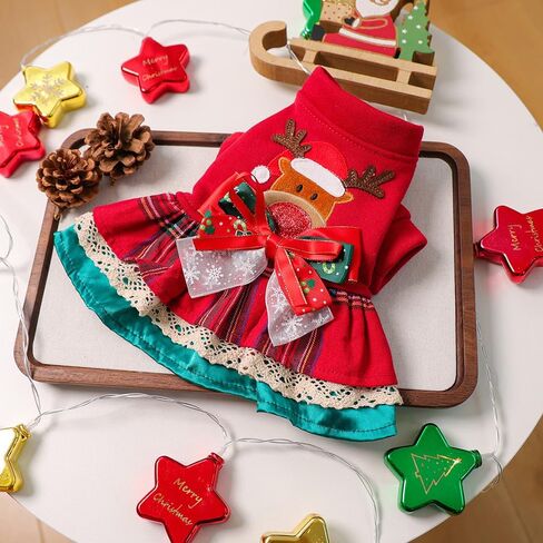 ANIAC Christmas Small Dog Dress Sweater Reindeer Pet Costume Winter Girl Puppy Clothes with Bow Holiday Cat Apparel Christmas Dog Outfit Warm Pet Clothing (Red, Small) in Saudi Arabia