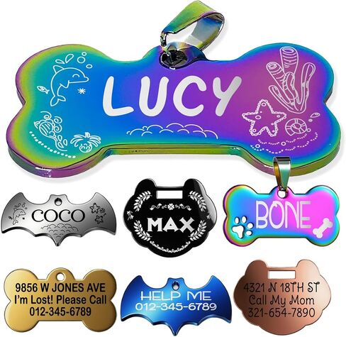 Stainless Steel Personalized Pet ID Tags, Art Design for Dog Tags, Cat Tags, Customized and Engraved on Both Sides of ID Tag, Bat in Black, Silver, Blue, Gold, Rose Gold Color in Saudi Arabia