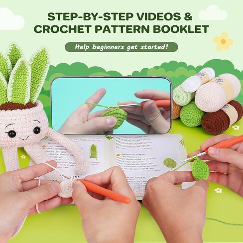 Crochet Kit for Beginners - Crochet Starter Kit with Step-by-Step Video Tutorials, Learn to Crochet Kits for Adults and Kids, DIY Knitting Supplies, 4 Pack Plants Family(40%+ Yarn) in Kuwait