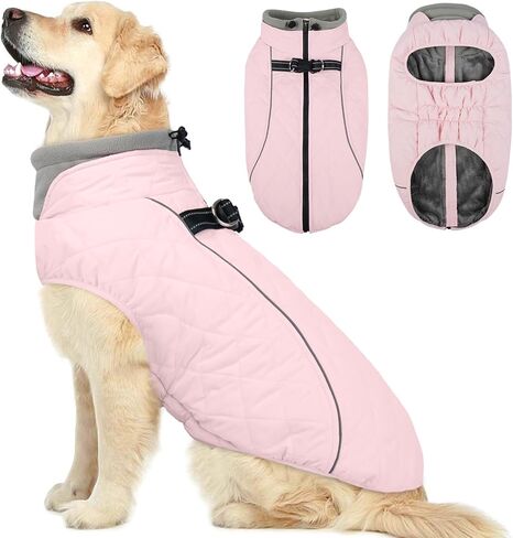 معطف للكلاب الكبيرة من QBLEEV، سترة صوفية دافئة للشتاء، مقاومة للماء والرياح مع مقاس قابل للتعديل، حزام مدمج، زخرفة عاكسة وسحاب للمشي المريح الآمن - وردي، مقاس XL، لبيتبول، بوكسر in Kuwait