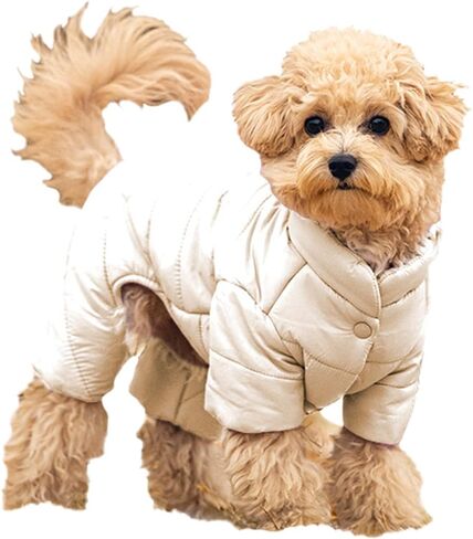 Dog Winter Coat – Lightweight Waterproof Warm Jacket for Small & Medium Dogs, Full-Body Fleece Lined Pastel Puffer with Easy Snap Buttons, Ivory & Purple (Ivory, Large) in Kuwait