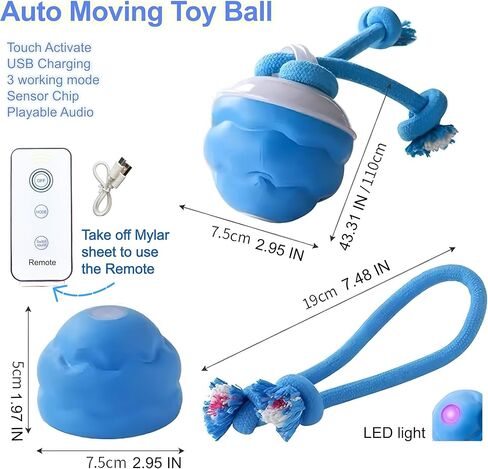 حزمة لعبة الكلب، 3 عبوات من الكرات التفاعلية، كرة كلب متحركة ودوارة أوتوماتيكية مع RC + لعبة مضغ الذرة + لعبة حبل مضغ، كرة متحركة مع USB قابلة لإعادة الشحن in Kuwait