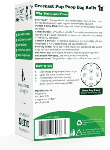 أكياس براز قابلة للتحلل من Puppington - متوافقة مع ASTM D6400 - 270 كيسًا سميكًا جدًا - نباتي - أزواج مع حقيبة Puppington 3 في 1 وتناسب جميع موزعات أكياس البراز القياسية (أسود أونيكس) in Saudi Arabia