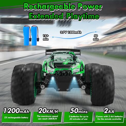 Remote Control Car, 1:18 Toy Rc Cars, All-Terrain RC Truck with LED Light, 20KM/H, Rechargeable, 2WD, 2.4GHz, Sturdy PVC Shell, Remote Control Car for Boys 4-7 8-12, Beginner in Kuwait